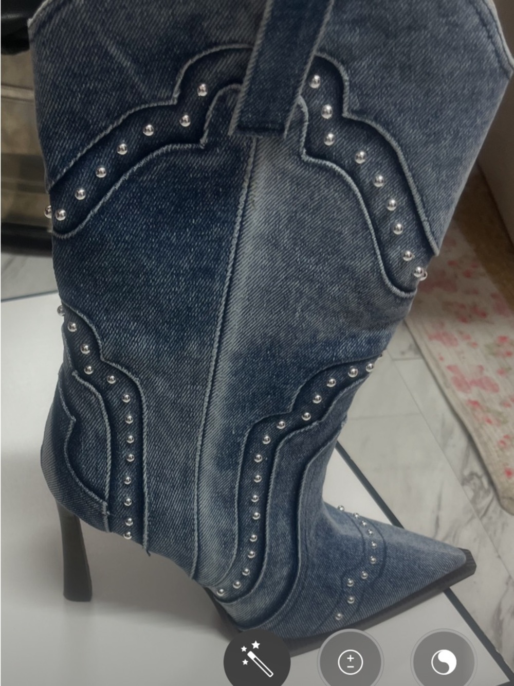 Steve Madden Denim Pointed-Toe Studded Stiletto Boot - Blue